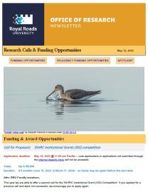 Page one of the research ebulletin for May 12th, with a branded header, image of a water bird, and text.