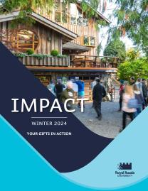 Brown house in background, surrounded by trees with green leaves, with people walking around the front of the house. Title on the page is Impact Winter 2024 Newsletter