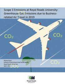 Report cover, GHG emissions business-related air travel with graphic of airplane and CO2