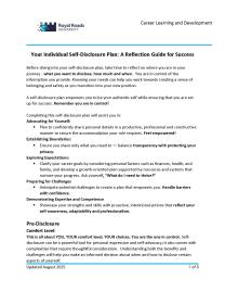 A document titled 'Your Individual Self-Disclosure Plan with six stages - Pre-Disclosure, Benefits & Challenges, Timing, Self-Assessment, Implementation, and Review - each showing goals, tips, and key questions to craft and practice a personalized workplace disclosure strategy.