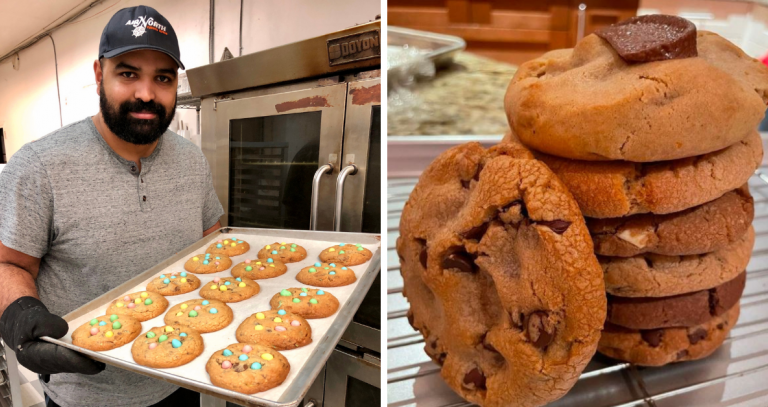 Left is Tim Thakker pulling cookies out of the oven. Right are a stack of chocolate chip cookies